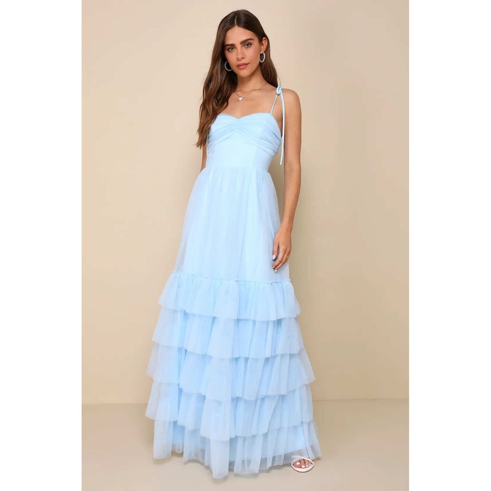 Lulus‎ Endlessly Darling Light Blue Mesh Tiered Tie-Strap Maxi Dress Size XS